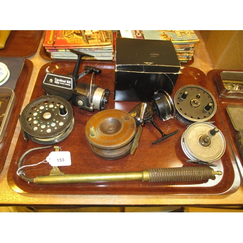 153 - Mahogany Reel and 4 Others and a Brass and Wood Gaff