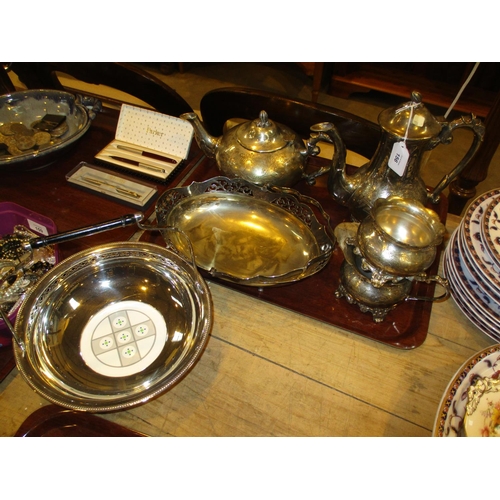 156 - Arts & Crafts Silver Plate and Pottery Basket, Another Basket and a 4 Piece Tea Service