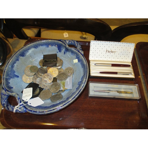 158 - Pottery Dish, Crowns and Other Coins, Parker Pens and Pencil