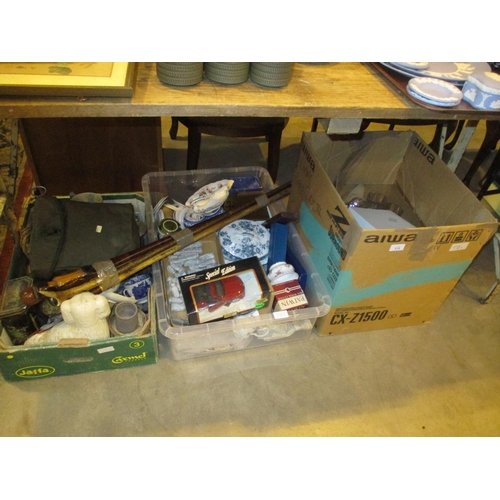 173 - Three Boxes of Ceramics, Glass, Walking Sticks, Maisto Car etc