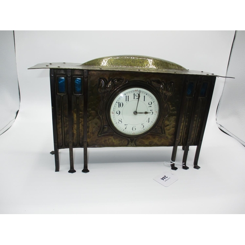 244 - Arts & Crafts Embossed and Planished Brass Mantel Clock having Blue Enamelled Panels, 33.5cm wide, 2...