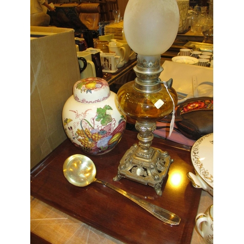 36 - Oil Lamp, Masons Ginger Jar and a Soup Ladle