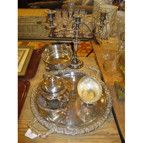 45 - Silver Plated 2 Handle Tray, Candelabra, Lidded Pot, Dish and a Casserole Stand