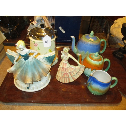 56 - Two Shelley Teapots and Cream Jug, Coronet Ware Biscuit Box and 2 1930's Figures