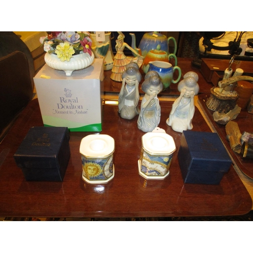 57 - Pair of Royal Doulton Candlesticks and Posy, along with 3 Figures