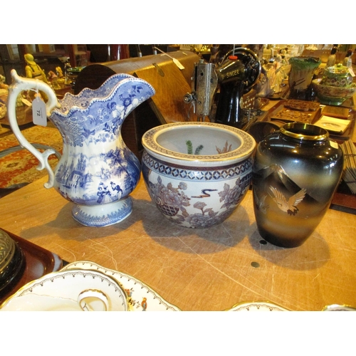 72 - Victorian Blue and White Printed Pottery Ewer, Chinese Jardinière and Japanese Expressive Designs Va... 