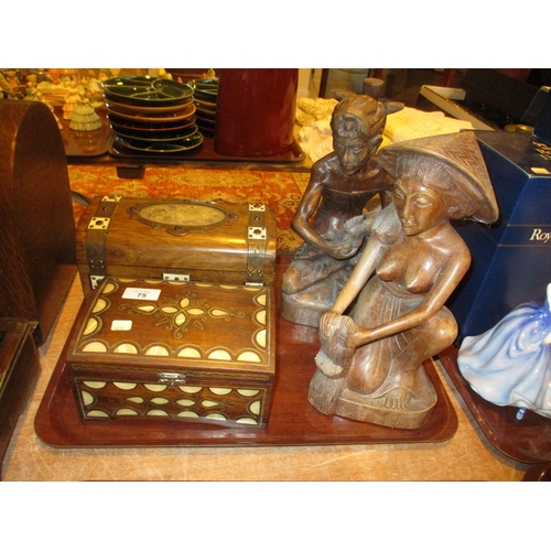 75 - Pair of Eastern Carved Wood Figures and 2 Boxes