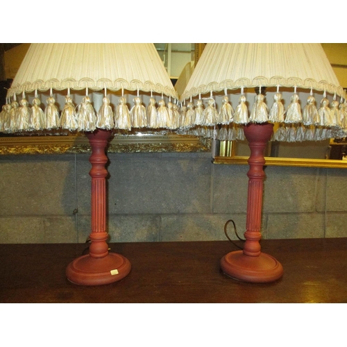 96 - Pair of Wood Pillar Table Lamps with Shades