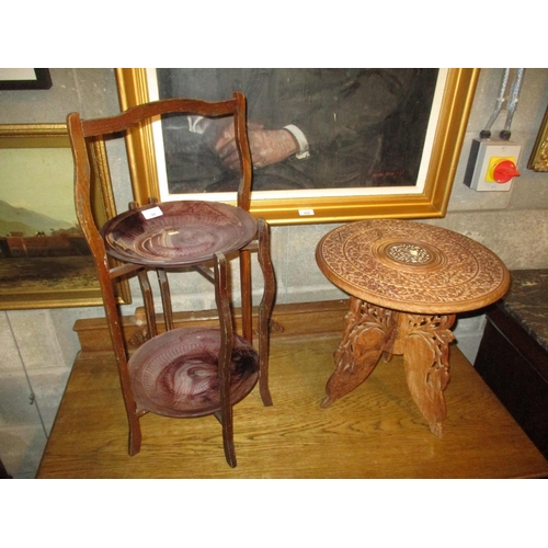 98 - Pair of Davidsons Purple Cloud Glass Plates on a Wooden Stand, along with an Eastern Wood Table