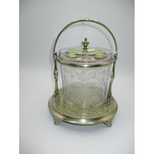 291 - Victorian Silver Plate and Engraved Glass Biscuit Barrel