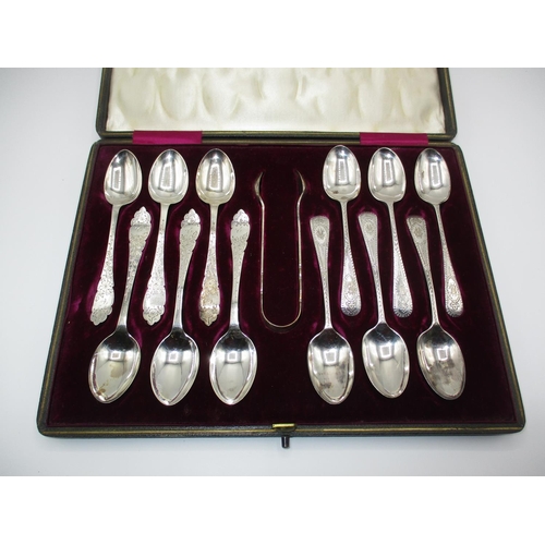 293 - Case with 2 Sets of 6 Silver Teaspoons and Silver Tongs, 202g total