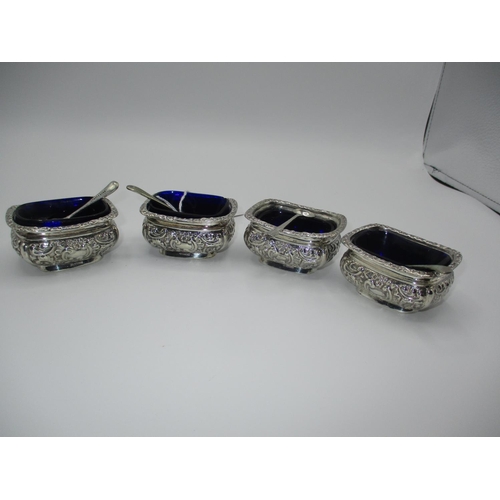 295 - Set of 4 Silver Salts with Blue Glass Liners and 4 Associated Spoons, Chester 1900