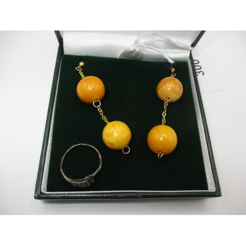 300 - Pair of Amber Type Drop Earrings and a Silver Ring