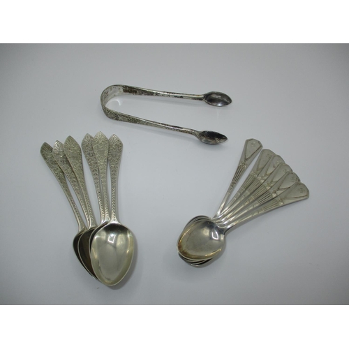 306 - Set of 6 Silver Teaspoons and Tongs, 96g, and a Set of 6 Teaspoons Stamped Silver 800, 72g