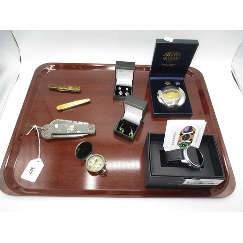 307 - Pocket Compass, Lemfo Smart Watch, Compass, 2 Pairs of Ear Drops and 3 Pen Knives