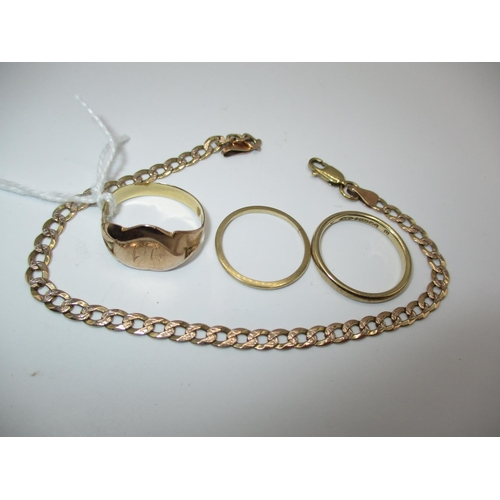 322 - 9ct Gold Bracelet, 2 9ct Gold Wedding Rings and an Unmarked Gents Ring, 9.25g total