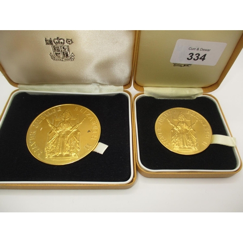 334 - Two 1977 Silver Jubilee Commemorative Medallions, Gold Plated, cased