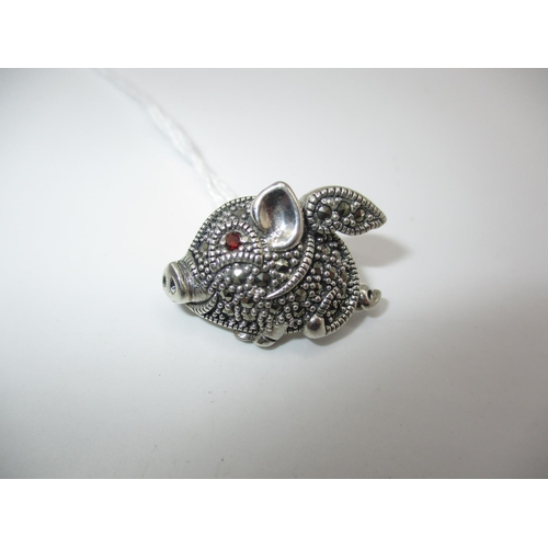 364 - Silver Marcasite and Garnet Flying Pig Brooch