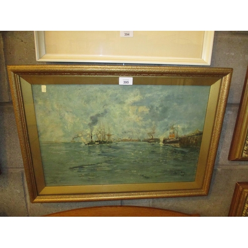 395 - James Kay, RSA, RSW, (Scottish 1858-1942), Oil Painting, Shipping on The Clyde, 34x52cm