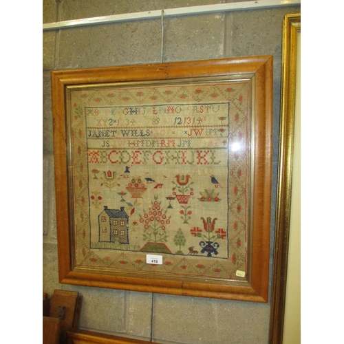 418 - 19th Century Sampler by Janet Wills Age 12, 43x41cm