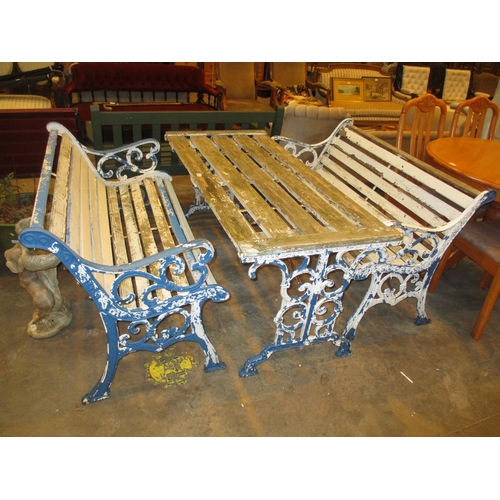 501 - Pair of Cast Metal and Wood Garden Benches and Table