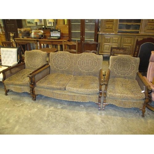 518 - Early 20th Century Mahogany and Double Cane Bergere 3 Piece Suite