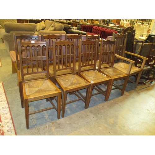 520 - Set of 9, 1 Arm and 8, Early 20th Century Oak and Grass Dining Chairs