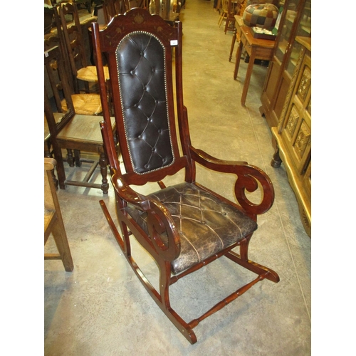 521 - Eastern Brass Inlaid Hardwood and Leather Rocking Chair