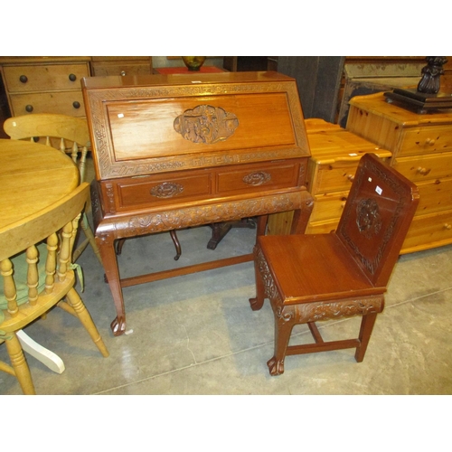 552 - Chinese Carved Hardwood Bureau and Chair, 91cm