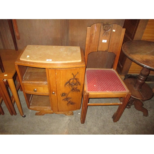 561 - 1920's Oak and Marble Top Bedside Cabinet and Chair