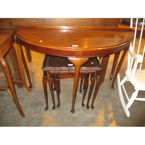 566 - Mahogany Demi Lune Hall Table and Nest of 3 Tables