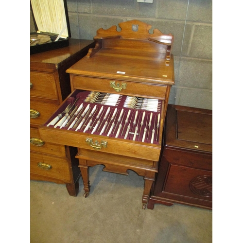 606 - Late Victorian Walnut Canteen Cabinet Containing 12 Pairs of Mother of Pearl and Silver Plate Fruit ... 