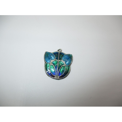 614 - Art Nouveau Silver and Enamel Pendant with Twin Leaf Motif in Turquoise, Blue and Green Enamel, Make... 