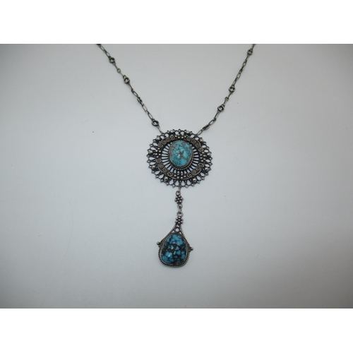 615 - Arts & Crafts Style Silver and Turquoise Pendant Necklace with Silver Wirework and Bead Clusters Set... 