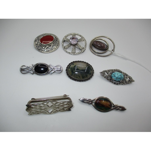 619 - Scottish Silver and Amethyst Circular Brooch and Seven Various Silver Brooches (8)