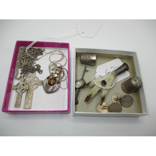 620 - Two Silver Iona Cross Pendants, Silver Pendant, 2 Brooches, Coin Cufflinks and 2 Thimbles