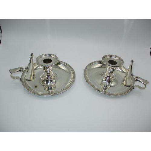 631 - Pair of Silver Plated Chamber Candlesticks with Conical Snuffers