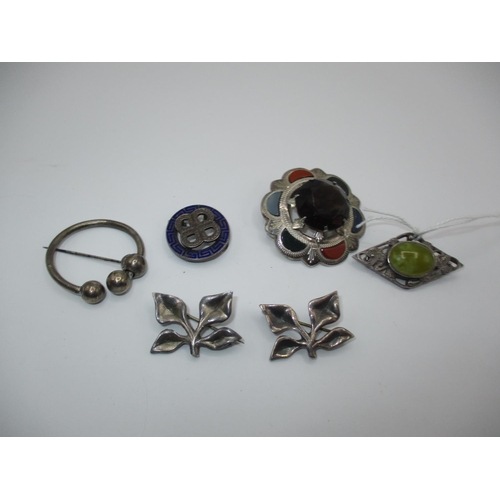 640 - Scottish Silver and Pebble Brooch, 2 Iona Style Silver Vine Leaf Brooches etc