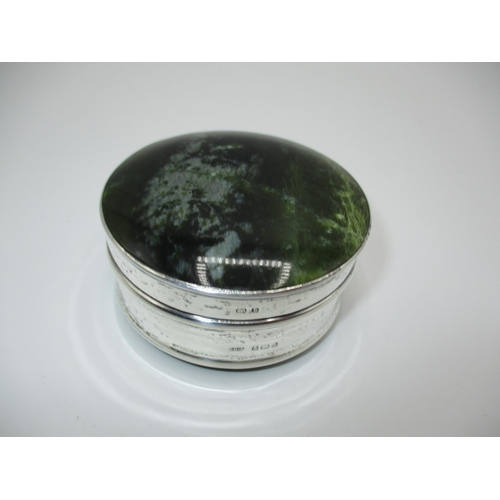 649 - Silver Circular Trinket Box with Green Marble Base and Cover, hallmarked Birmingham 1901