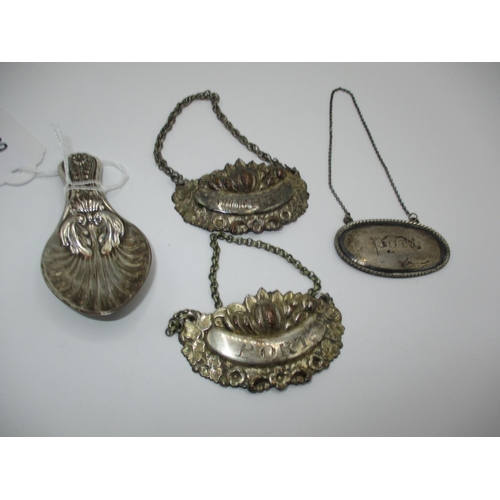 651 - Pair of Silver Plated Wine Labels, a Plain Port Label and a Caddy Spoon