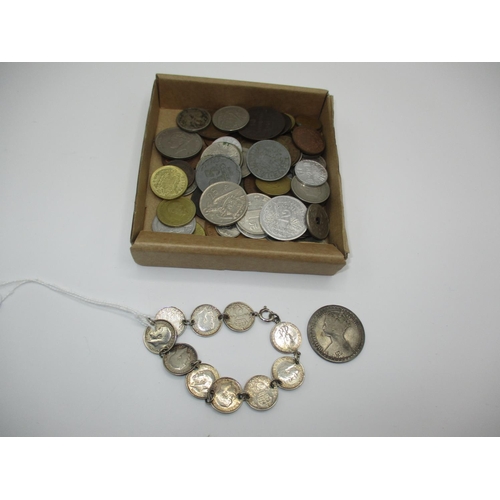 653 - Coins including a Victorian Silver Gothic Florin, worn, Silver Coin Bracelet and Other Coins