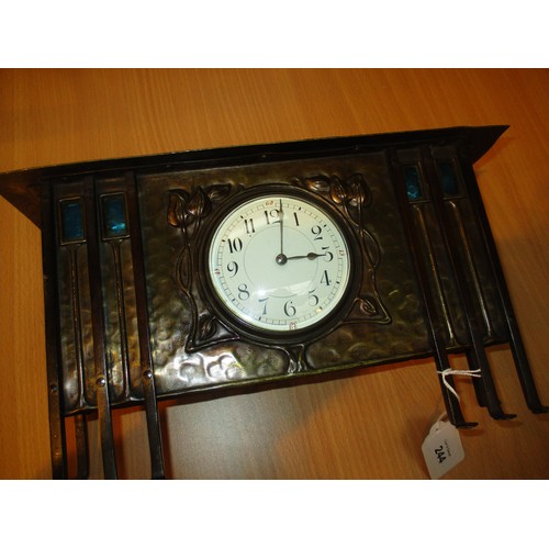 244 - Arts & Crafts Embossed and Planished Brass Mantel Clock having Blue Enamelled Panels, 33.5cm wide, 2... 