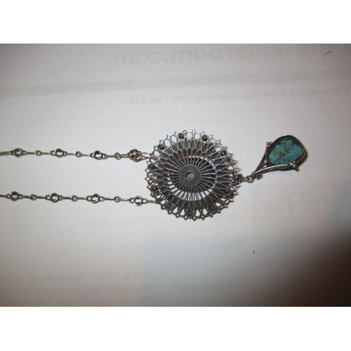 615 - Arts & Crafts Style Silver and Turquoise Pendant Necklace with Silver Wirework and Bead Clusters Set... 