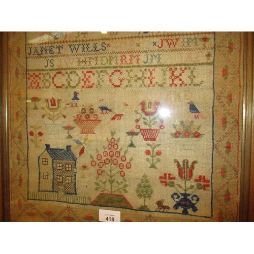 418 - 19th Century Sampler by Janet Wills Age 12, 43x41cm