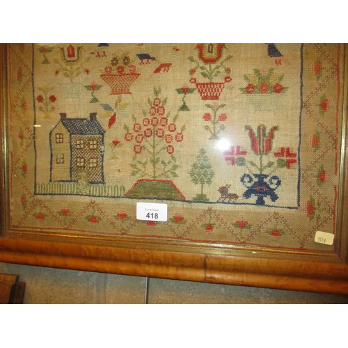 418 - 19th Century Sampler by Janet Wills Age 12, 43x41cm