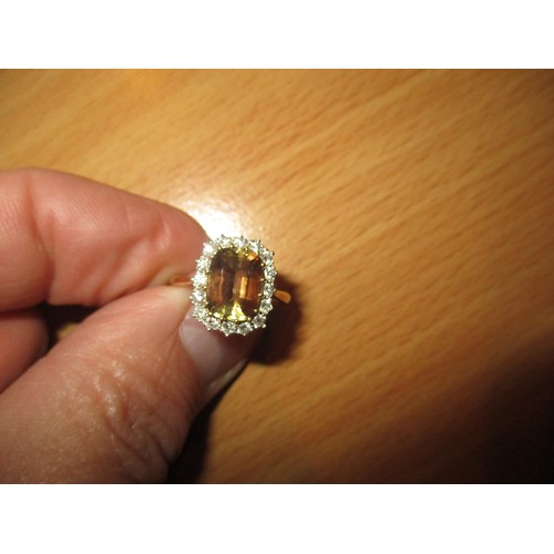 285 - 18ct Gold Citrine and Diamond Cluster Ring, 4.13g, Size O