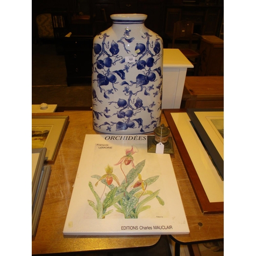 127 - Large Porcelain Vase, 51cm, Victorian Marble and Brass Inkwell, and a Folio of Prints of Orchids