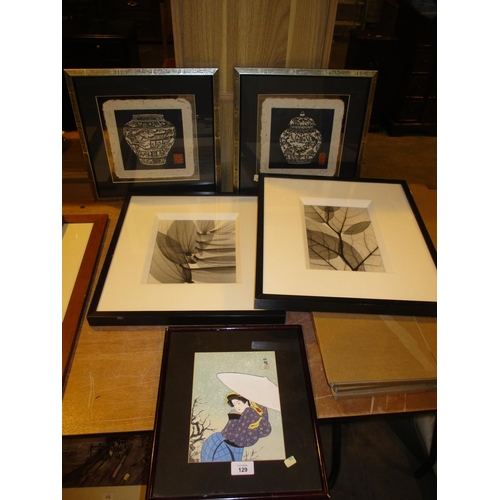 129 - Japanese Painting of a Geisha, Pair of Prints of Chinese Urns and 2 Other Prints