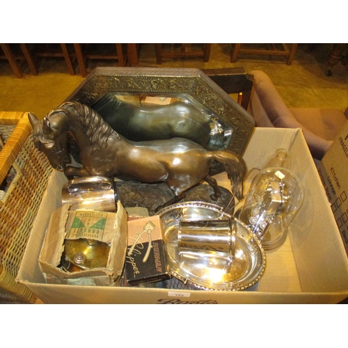 153 - Bronzed Plaster Horse, Silver Plated Items, Clock, Mirror etc