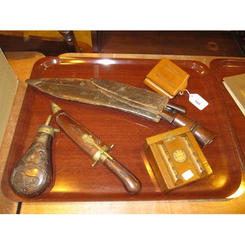 160 - Kukhri, Carving Knife, Powder Flask, Rifle Outfit Box and a Leather Cartridge Holder
